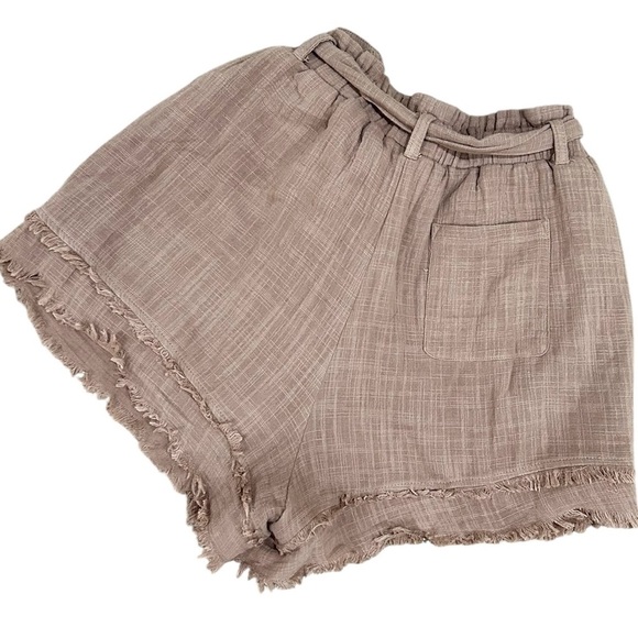 New In High Waisted tan Frayed Hem Shorts tie front pockets crinkle cotton large - Picture 2 of 4